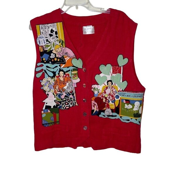 Judy Waltz Joy In Design Vintage Womens Vest Size XL Red Handmade Applique Linen - Picture 1 of 10